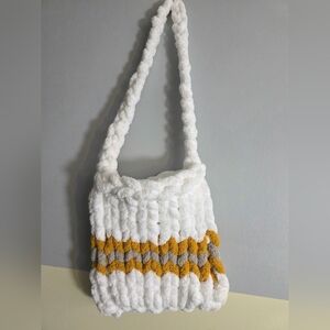 Handknit Chunky Chenille Yarn Handbag Purse Whitw Mustard Fall Gift